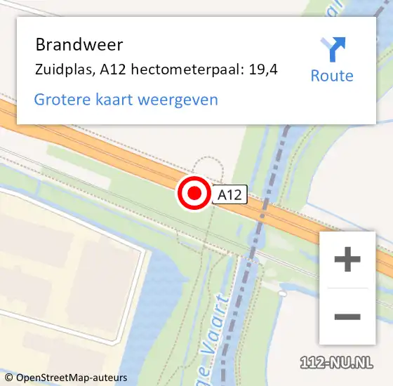 Locatie op kaart van de 112 melding: Brandweer Zuidplas, A12 hectometerpaal: 19,4 op 20 oktober 2022 11:51