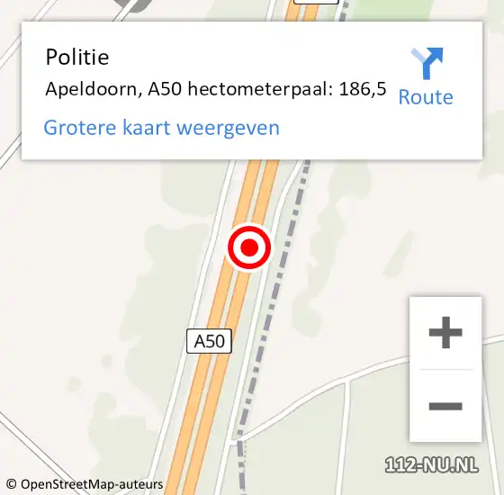 Locatie op kaart van de 112 melding: Politie Apeldoorn, A50 hectometerpaal: 186,5 op 20 oktober 2022 13:24