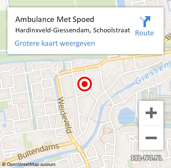 Locatie op kaart van de 112 melding: Ambulance Met Spoed Naar Hardinxveld-Giessendam, Schoolstraat op 20 oktober 2022 13:47