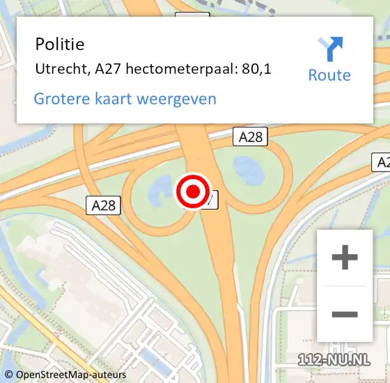 Locatie op kaart van de 112 melding: Politie Utrecht, A27 hectometerpaal: 80,1 op 20 oktober 2022 15:02