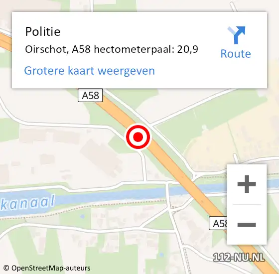 Locatie op kaart van de 112 melding: Politie Oirschot, A58 hectometerpaal: 20,9 op 20 oktober 2022 15:44