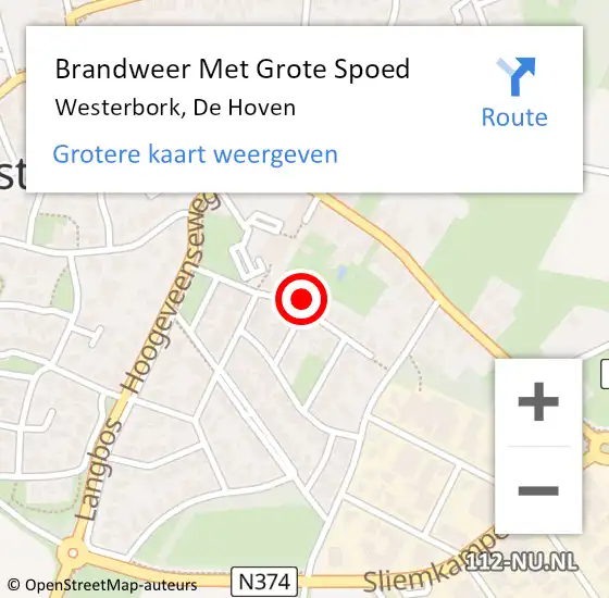 Locatie op kaart van de 112 melding: Brandweer Met Grote Spoed Naar Westerbork, De Hoven op 20 oktober 2022 15:47