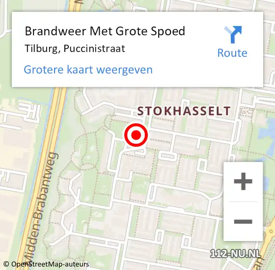 Locatie op kaart van de 112 melding: Brandweer Met Grote Spoed Naar Tilburg, Puccinistraat op 20 oktober 2022 16:23