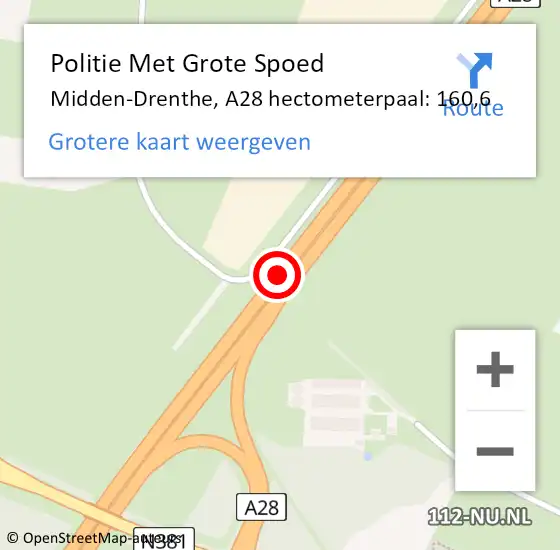 Locatie op kaart van de 112 melding: Politie Met Grote Spoed Naar Midden-Drenthe, A28 hectometerpaal: 160,6 op 20 oktober 2022 17:06