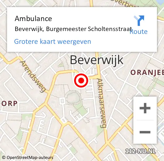 Locatie op kaart van de 112 melding: Ambulance Beverwijk, Burgemeester Scholtensstraat op 20 oktober 2022 19:36