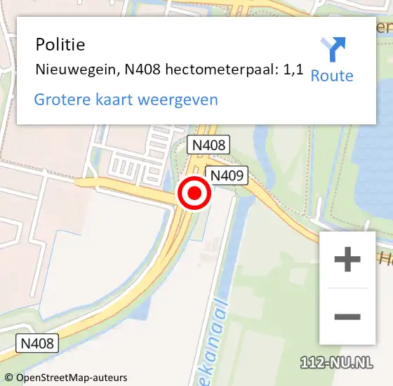 Locatie op kaart van de 112 melding: Politie Nieuwegein, N408 hectometerpaal: 1,1 op 20 oktober 2022 20:40
