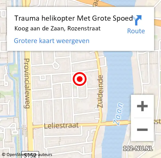 Locatie op kaart van de 112 melding: Trauma helikopter Met Grote Spoed Naar Koog aan de Zaan, Rozenstraat op 20 oktober 2022 22:37
