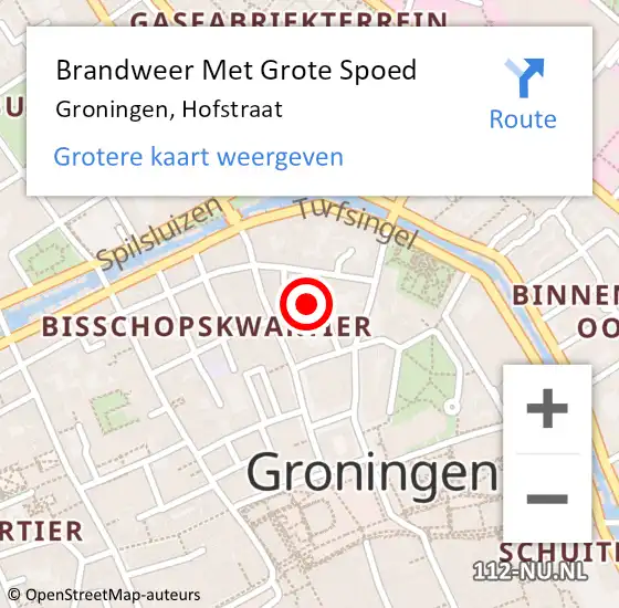 Locatie op kaart van de 112 melding: Brandweer Met Grote Spoed Naar Groningen, Hofstraat op 21 oktober 2022 07:13