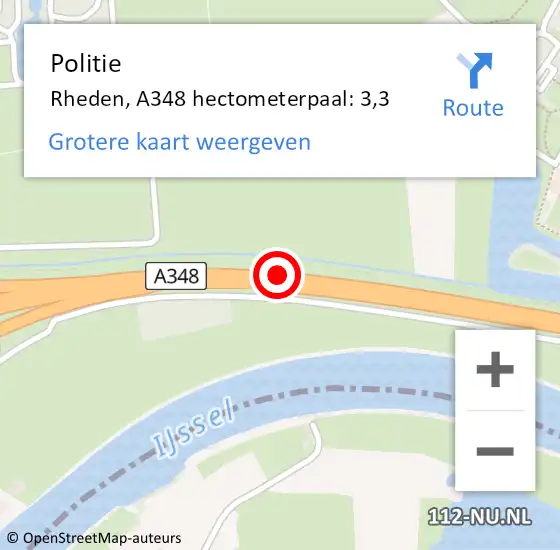 Locatie op kaart van de 112 melding: Politie Rheden, A348 hectometerpaal: 3,3 op 21 oktober 2022 07:49