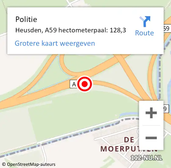 Locatie op kaart van de 112 melding: Politie Heusden, A59 hectometerpaal: 128,3 op 21 oktober 2022 08:03