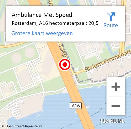 Locatie op kaart van de 112 melding: Ambulance Met Spoed Naar Rotterdam, A16 hectometerpaal: 20,5 op 21 oktober 2022 08:10