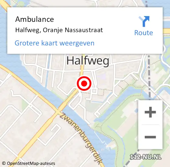 Locatie op kaart van de 112 melding: Ambulance Halfweg, Oranje Nassaustraat op 21 oktober 2022 08:56