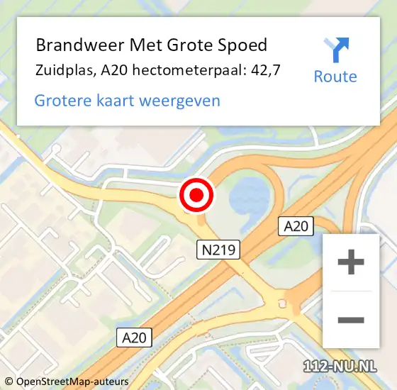 Locatie op kaart van de 112 melding: Brandweer Met Grote Spoed Naar Zuidplas, A20 hectometerpaal: 42,7 op 21 oktober 2022 12:42