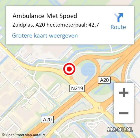 Locatie op kaart van de 112 melding: Ambulance Met Spoed Naar Zuidplas, A20 hectometerpaal: 42,7 op 21 oktober 2022 12:44