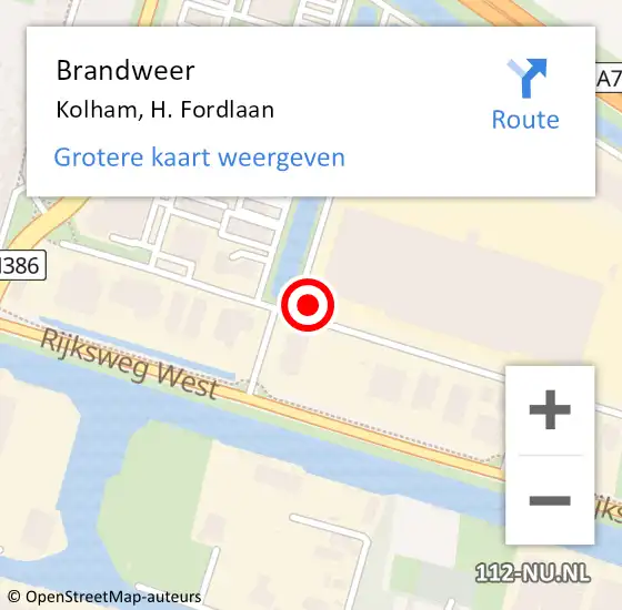 Locatie op kaart van de 112 melding: Brandweer Kolham, H. Fordlaan op 21 oktober 2022 14:52