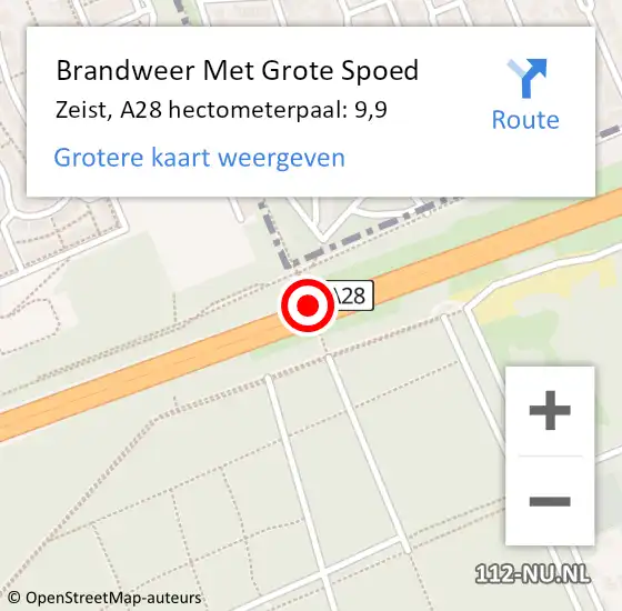 Locatie op kaart van de 112 melding: Brandweer Met Grote Spoed Naar Zeist, A28 hectometerpaal: 9,9 op 21 oktober 2022 16:03