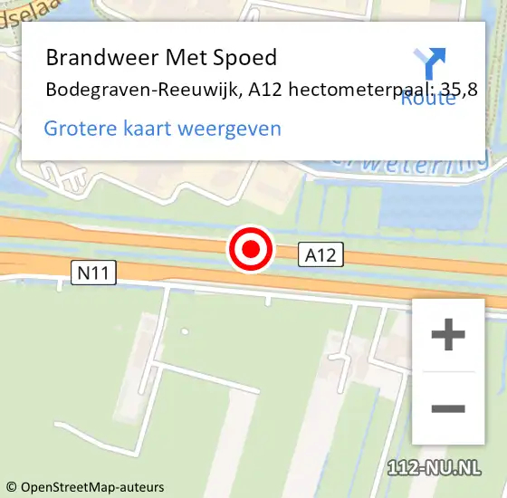 Locatie op kaart van de 112 melding: Brandweer Met Spoed Naar Bodegraven-Reeuwijk, A12 hectometerpaal: 35,8 op 21 oktober 2022 16:35