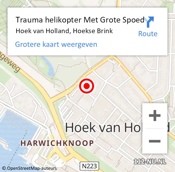Locatie op kaart van de 112 melding: Trauma helikopter Met Grote Spoed Naar Hoek van Holland, Hoekse Brink op 21 oktober 2022 16:36