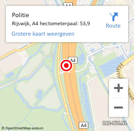 Locatie op kaart van de 112 melding: Politie Rijswijk, A4 hectometerpaal: 53,9 op 21 oktober 2022 16:39