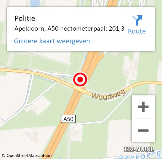 Locatie op kaart van de 112 melding: Politie Apeldoorn, A50 hectometerpaal: 201,3 op 21 oktober 2022 17:34