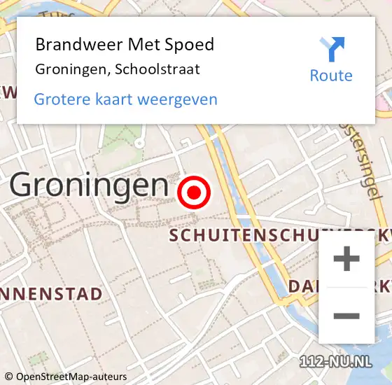 Locatie op kaart van de 112 melding: Brandweer Met Spoed Naar Groningen, Schoolstraat op 21 oktober 2022 18:37