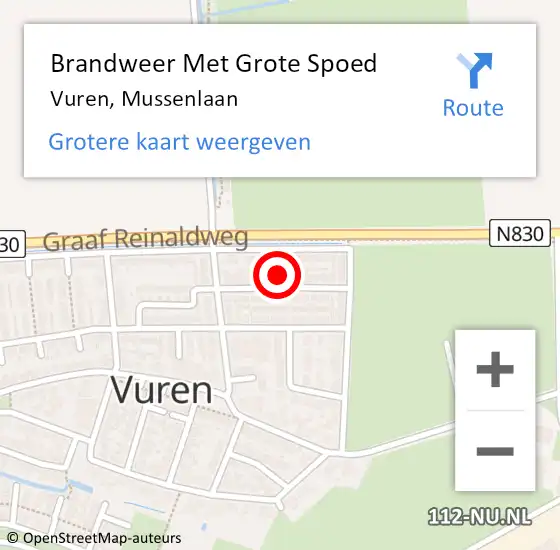 Locatie op kaart van de 112 melding: Brandweer Met Grote Spoed Naar Vuren, Mussenlaan op 21 oktober 2022 19:16