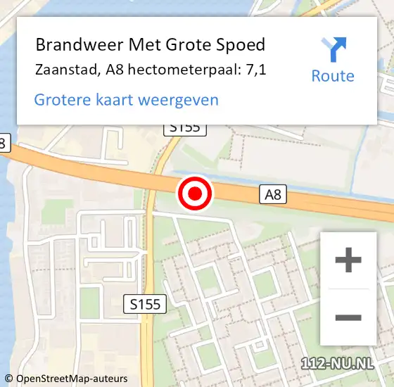 Locatie op kaart van de 112 melding: Brandweer Met Grote Spoed Naar Zaanstad, A8 hectometerpaal: 7,1 op 21 oktober 2022 19:52