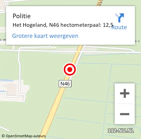 Locatie op kaart van de 112 melding: Politie Het Hogeland, N46 hectometerpaal: 12,5 op 21 oktober 2022 19:55
