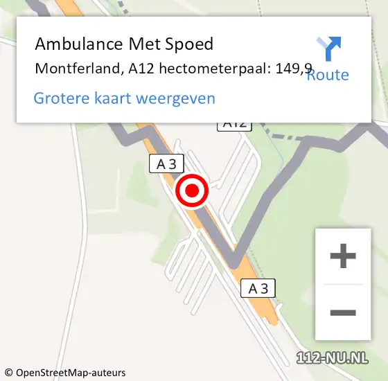 Locatie op kaart van de 112 melding: Ambulance Met Spoed Naar Montferland, A12 hectometerpaal: 149,9 op 21 oktober 2022 20:26