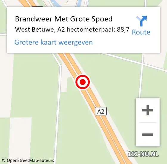 Locatie op kaart van de 112 melding: Brandweer Met Grote Spoed Naar West Betuwe, A2 hectometerpaal: 88,7 op 21 oktober 2022 21:44