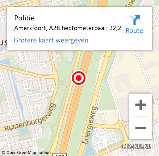 Locatie op kaart van de 112 melding: Politie Amersfoort, A28 hectometerpaal: 22,2 op 21 oktober 2022 22:28