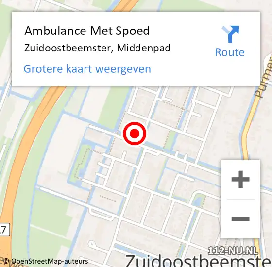 Locatie op kaart van de 112 melding: Ambulance Met Spoed Naar Zuidoostbeemster, Middenpad op 22 oktober 2022 00:59