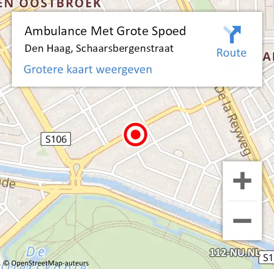 Locatie op kaart van de 112 melding: Ambulance Met Grote Spoed Naar Den Haag, Schaarsbergenstraat op 22 oktober 2022 02:32