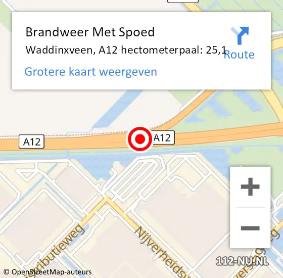 Locatie op kaart van de 112 melding: Brandweer Met Spoed Naar Waddinxveen, A12 hectometerpaal: 25,1 op 22 oktober 2022 04:10