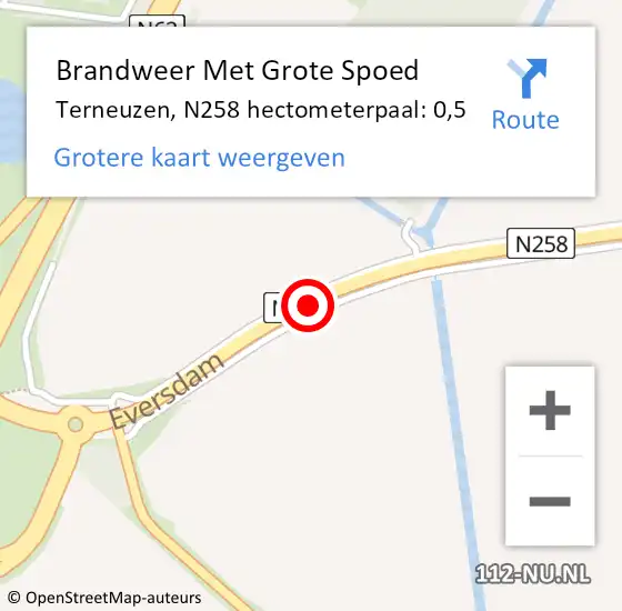 Locatie op kaart van de 112 melding: Brandweer Met Grote Spoed Naar Terneuzen, N258 hectometerpaal: 0,5 op 22 oktober 2022 05:19