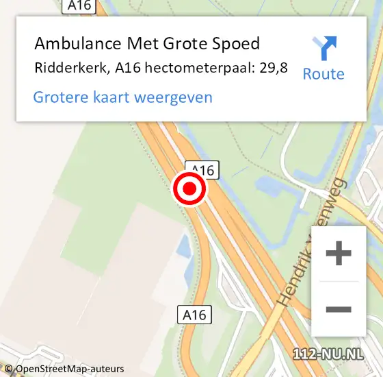 Locatie op kaart van de 112 melding: Ambulance Met Grote Spoed Naar Ridderkerk, A16 hectometerpaal: 29,8 op 22 oktober 2022 05:24