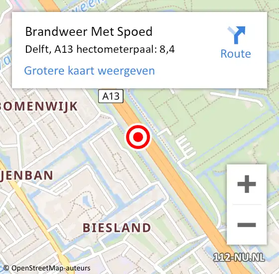 Locatie op kaart van de 112 melding: Brandweer Met Spoed Naar Delft, A13 hectometerpaal: 8,4 op 22 oktober 2022 05:45