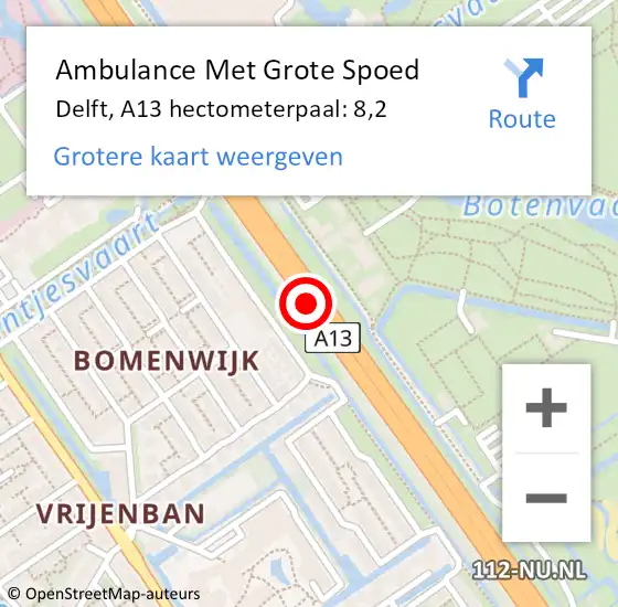 Locatie op kaart van de 112 melding: Ambulance Met Grote Spoed Naar Delft, A13 hectometerpaal: 8,2 op 22 oktober 2022 05:45