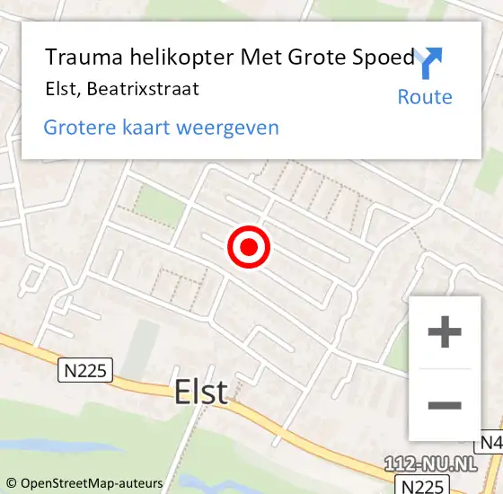 Locatie op kaart van de 112 melding: Trauma helikopter Met Grote Spoed Naar Elst, Beatrixstraat op 22 oktober 2022 09:22