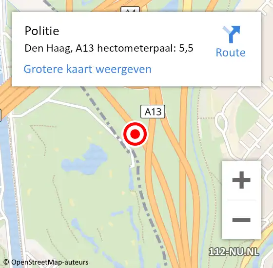 Locatie op kaart van de 112 melding: Politie Den Haag, A13 hectometerpaal: 5,5 op 22 oktober 2022 09:25