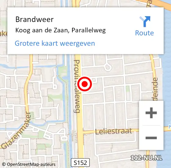 Locatie op kaart van de 112 melding: Brandweer Koog aan de Zaan, Parallelweg op 22 oktober 2022 10:03