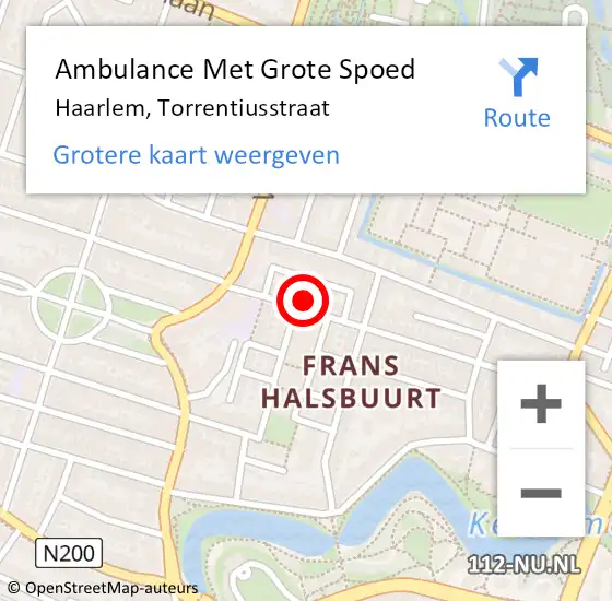 Locatie op kaart van de 112 melding: Ambulance Met Grote Spoed Naar Haarlem, Torrentiusstraat op 22 oktober 2022 10:42