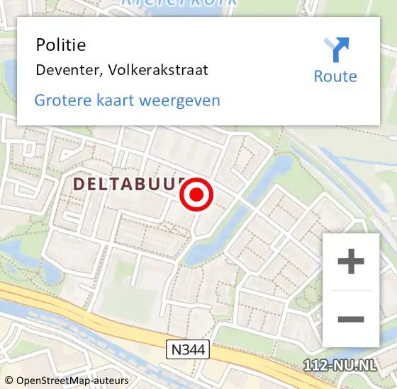 Locatie op kaart van de 112 melding: Politie Deventer, Volkerakstraat op 22 oktober 2022 11:42