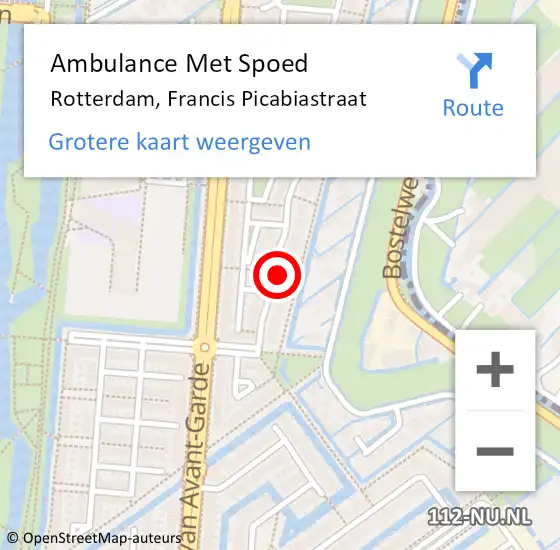 Locatie op kaart van de 112 melding: Ambulance Met Spoed Naar Rotterdam, Francis Picabiastraat op 22 oktober 2022 12:53