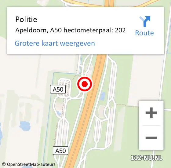 Locatie op kaart van de 112 melding: Politie Apeldoorn, A50 hectometerpaal: 202 op 22 oktober 2022 13:15