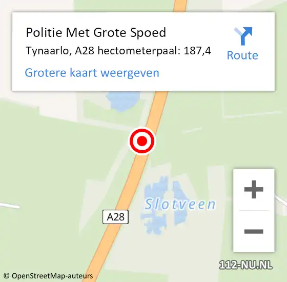 Locatie op kaart van de 112 melding: Politie Met Grote Spoed Naar Tynaarlo, A28 hectometerpaal: 187,4 op 22 oktober 2022 13:34