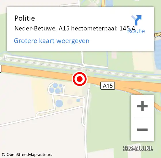 Locatie op kaart van de 112 melding: Politie Neder-Betuwe, A15 hectometerpaal: 145,4 op 22 oktober 2022 14:57