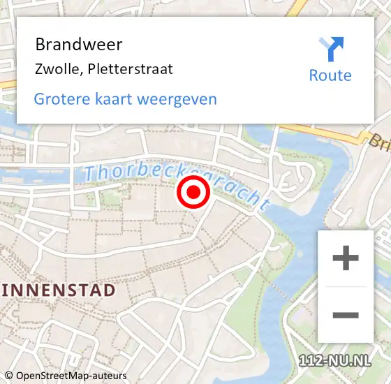 Locatie op kaart van de 112 melding: Brandweer Zwolle, Pletterstraat op 22 oktober 2022 15:35