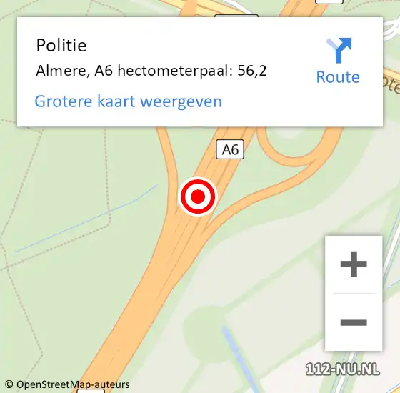 Locatie op kaart van de 112 melding: Politie Almere, A6 hectometerpaal: 56,2 op 22 oktober 2022 18:16