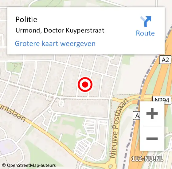 Locatie op kaart van de 112 melding: Politie Urmond, Doctor Kuyperstraat op 22 oktober 2022 20:48